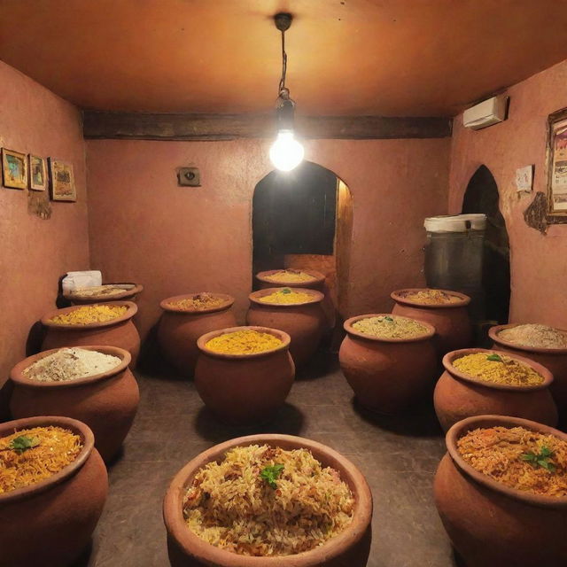 A quaint, budget-friendly biryani restaurant in Pakistan, with traditional decor, inviting aroma of spices, bustling kitchen and patrons enjoying the iconic biryani served in clay pots.