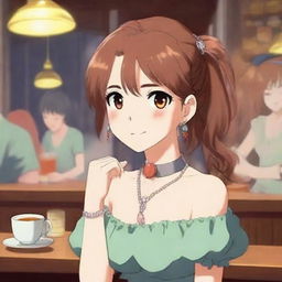 An image of a high-quality digital art portraying a charming anime girl in a moe cafe