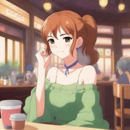 An image of a high-quality digital art portraying a charming anime girl in a moe cafe