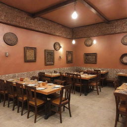 A quaint, budget-friendly biryani restaurant in Pakistan, with traditional decor, inviting aroma of spices, bustling kitchen and patrons enjoying the iconic biryani served in clay pots.