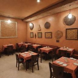 A quaint, budget-friendly biryani restaurant in Pakistan, with traditional decor, inviting aroma of spices, bustling kitchen and patrons enjoying the iconic biryani served in clay pots.