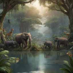 In an African tale, describe a vivacious AI-rendered image of the enchanted jungle through which the animals journey to locate a magical lake. Highlight its captivating beauty and the intriguing, mysterious elements that fill it.