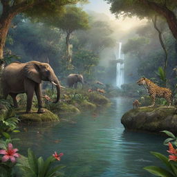 In an African tale, describe a vivacious AI-rendered image of the enchanted jungle through which the animals journey to locate a magical lake. Highlight its captivating beauty and the intriguing, mysterious elements that fill it.