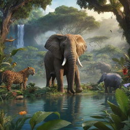 In an African tale, describe a vivacious AI-rendered image of the enchanted jungle through which the animals journey to locate a magical lake. Highlight its captivating beauty and the intriguing, mysterious elements that fill it.