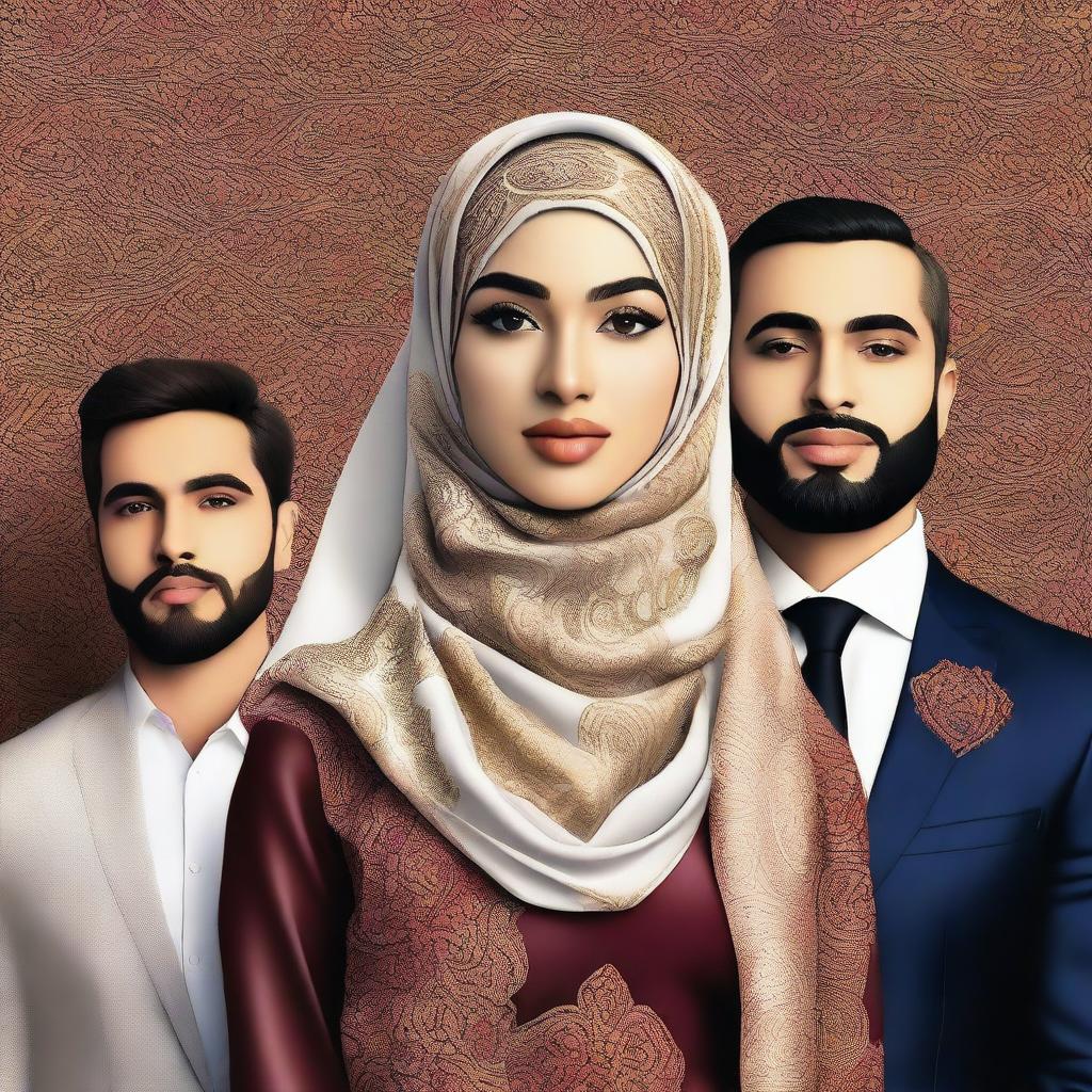 A high-quality digital art image presenting a beautiful girl in a hijab, with two handsome men standing behind her