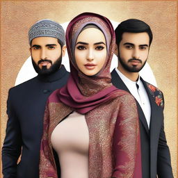 A high-quality digital art image presenting a beautiful girl in a hijab, with two handsome men standing behind her