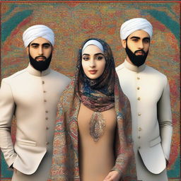 A high-quality digital art image presenting a beautiful girl in a hijab, with two handsome men standing behind her