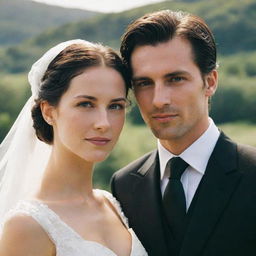 Close-up of a couple. The woman's face visibly larger, dressed in a white wedding gown, and the man's hair now dyed black in his black suit. Both are still surrounded by verdant scenery bathed in sunlight.