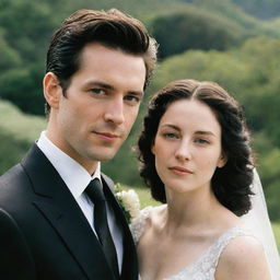 Close-up of a couple. The woman's face visibly larger, dressed in a white wedding gown, and the man's hair now dyed black in his black suit. Both are still surrounded by verdant scenery bathed in sunlight.