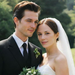 Close-up of a couple. The woman's face visibly larger, dressed in a white wedding gown, and the man's hair now dyed black in his black suit. Both are still surrounded by verdant scenery bathed in sunlight.