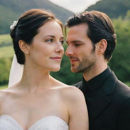 Close-up of a couple. The woman's face visibly larger, dressed in a white wedding gown, and the man's hair now dyed black in his black suit. Both are still surrounded by verdant scenery bathed in sunlight.