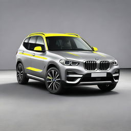 This is a digital art image of a BMW iX3 security vehicle, adorned with a striking yellow decor on a silver-grey body