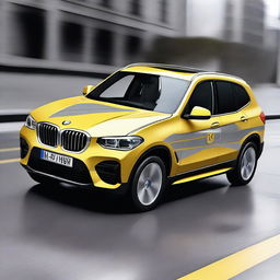 This is a digital art image of a BMW iX3 security vehicle, adorned with a striking yellow decor on a silver-grey body