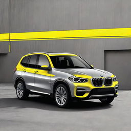 This is a digital art image of a BMW iX3 security vehicle, adorned with a striking yellow decor on a silver-grey body