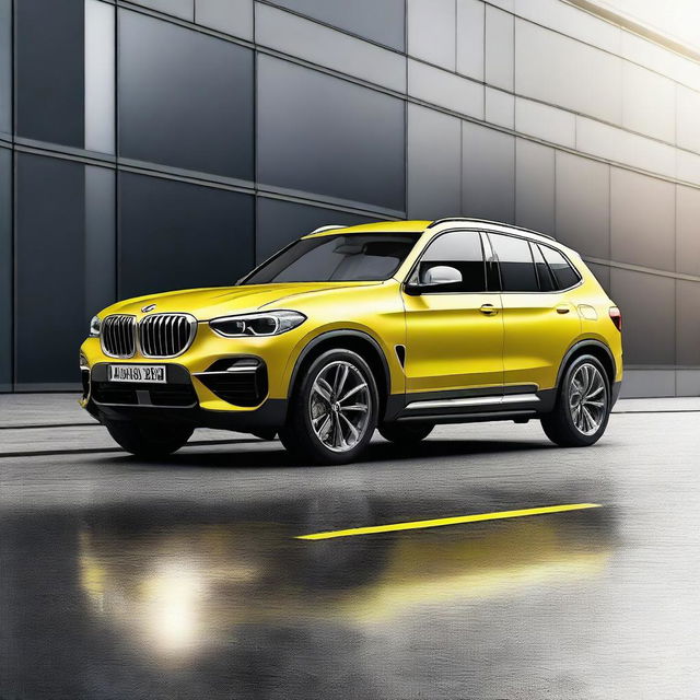 This is a digital art image of a BMW iX3 security vehicle, adorned with a striking yellow decor on a silver-grey body