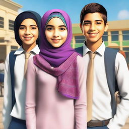 A high-quality digital art image showcasing a beautiful schoolgirl in a hijab, with two cool and handsome boys behind her