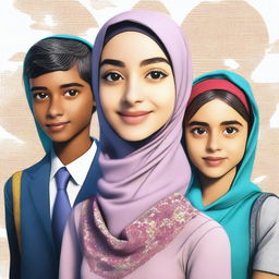 A high-quality digital art image showcasing a beautiful schoolgirl in a hijab, with two cool and handsome boys behind her