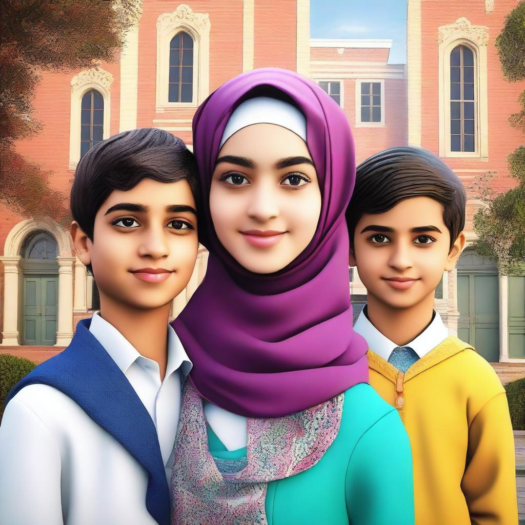 A high-quality digital art image showcasing a beautiful schoolgirl in a hijab, with two cool and handsome boys behind her