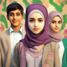 A high-quality digital art image showcasing a beautiful schoolgirl in a hijab, with two cool and handsome boys behind her