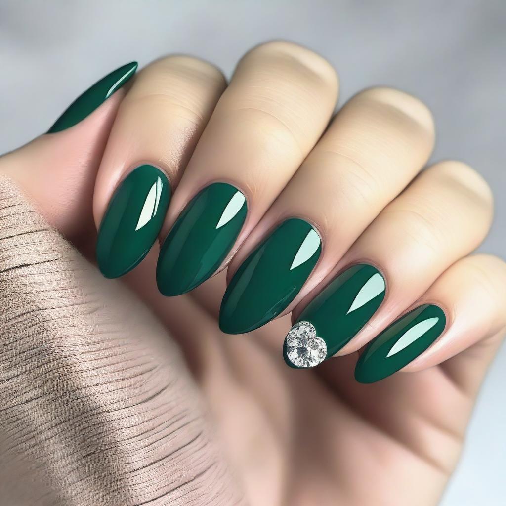 A high-resolution image showcasing a set of stunning emerald green almond-shaped nails