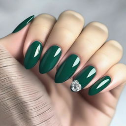 A high-resolution image showcasing a set of stunning emerald green almond-shaped nails