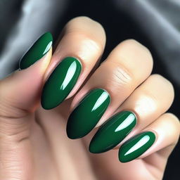 A high-resolution image showcasing a set of stunning emerald green almond-shaped nails