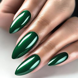 A high-resolution image showcasing a set of stunning emerald green almond-shaped nails