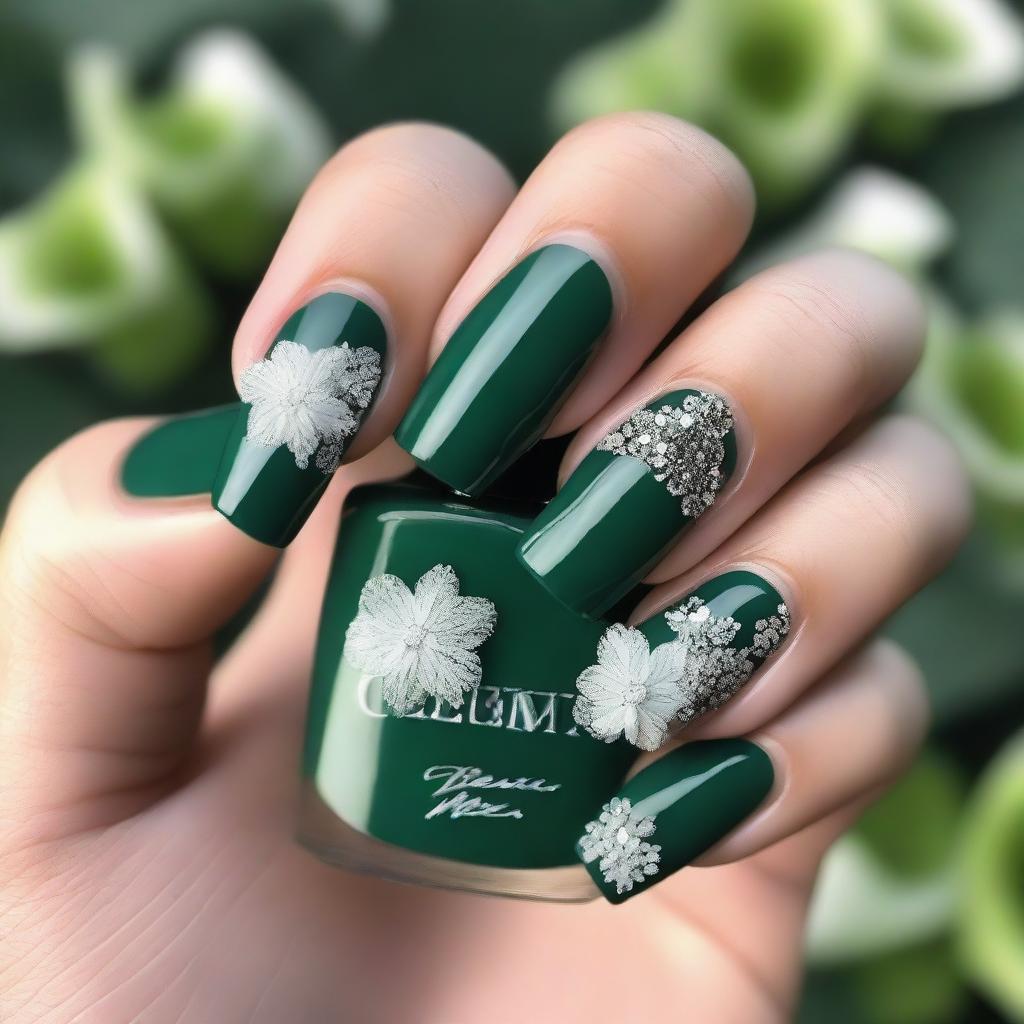 An image displaying a set of emerald green nails meticulously prepared for prom