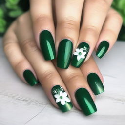 An image displaying a set of emerald green nails meticulously prepared for prom