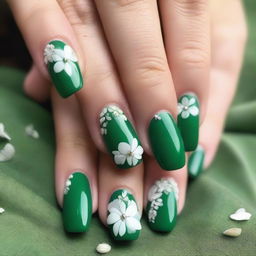 An image displaying a set of emerald green nails meticulously prepared for prom