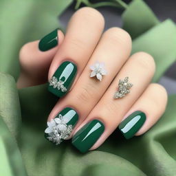 An image displaying a set of emerald green nails meticulously prepared for prom