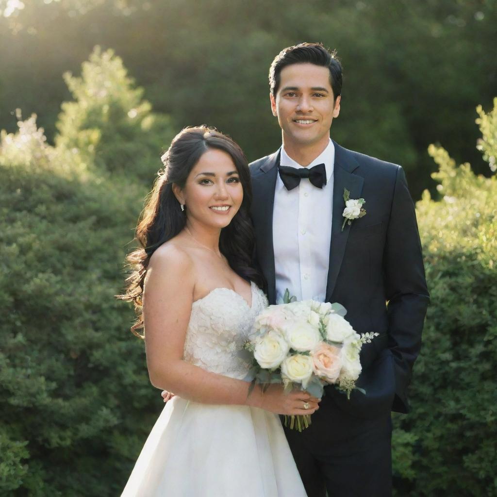 The couple, with the woman's larger face and the man's black hair, turned around again. They are still in their wedding attire, backdropped by the greenery and the radiant sun.