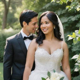 The couple, with the woman's larger face and the man's black hair, turned around again. They are still in their wedding attire, backdropped by the greenery and the radiant sun.