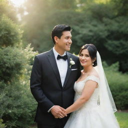 The couple, with the woman's larger face and the man's black hair, turned around again. They are still in their wedding attire, backdropped by the greenery and the radiant sun.