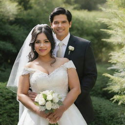 The couple, with the woman's larger face and the man's black hair, turned around again. They are still in their wedding attire, backdropped by the greenery and the radiant sun.