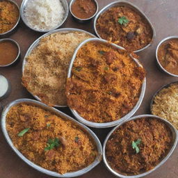 A budget-friendly biryani restaurant on a roadside in Pakistan, filled with the aroma of spices and bustling with local charm.