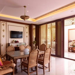 Elegant L-shaped living room with a TV unit, 8-seater dining set, 3-seater sofa, two maharaja chairs, central and side tables, corner hanging lights, adjoining balcony, a mirror facing the dining table, and a wall-hanging mandir near the TV.