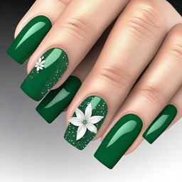 A high-quality, detailed digital art piece showcasing emerald green prom nails adorned with delicate white flowers