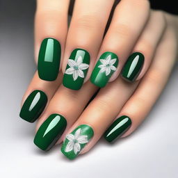 A high-quality, detailed digital art piece showcasing emerald green prom nails adorned with delicate white flowers