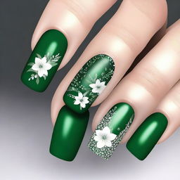 A high-quality, detailed digital art piece showcasing emerald green prom nails adorned with delicate white flowers