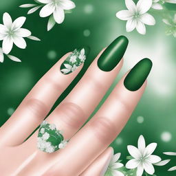 A high-quality, detailed digital art piece showcasing emerald green prom nails adorned with delicate white flowers