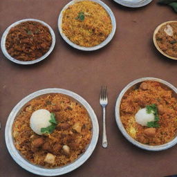 A budget-friendly biryani restaurant on a roadside in Pakistan, filled with the aroma of spices and bustling with local charm.