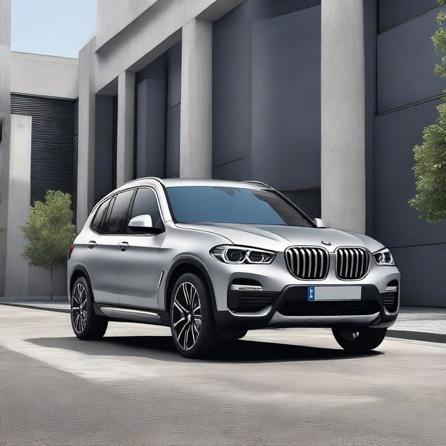 A high-quality digital art of a BMW iX3 security car, painted in a sleek silver-grey shade