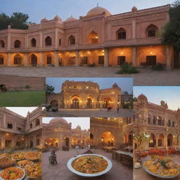 A variety of biryani restaurants lined up in Pakistan, each displaying unique architecture and ambiance infused with Pakistan's vibrant culture and rich culinary scene.