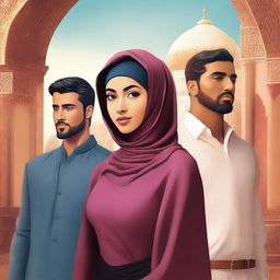 A high-quality digital art image for a book cover, featuring a hijab-wearing girl in the foreground with two handsome men standing behind her