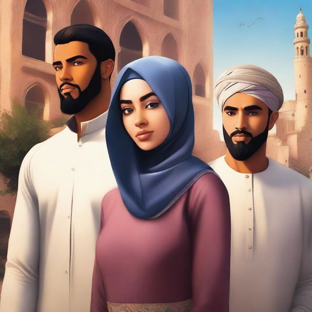 A high-quality digital art image for a book cover, featuring a hijab-wearing girl in the foreground with two handsome men standing behind her