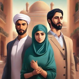 A high-quality digital art image for a book cover, featuring a hijab-wearing girl in the foreground with two handsome men standing behind her