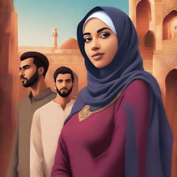 A high-quality digital art image for a book cover, featuring a hijab-wearing girl in the foreground with two handsome men standing behind her