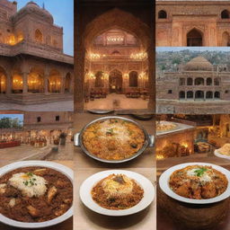 A variety of biryani restaurants lined up in Pakistan, each displaying unique architecture and ambiance infused with Pakistan's vibrant culture and rich culinary scene.