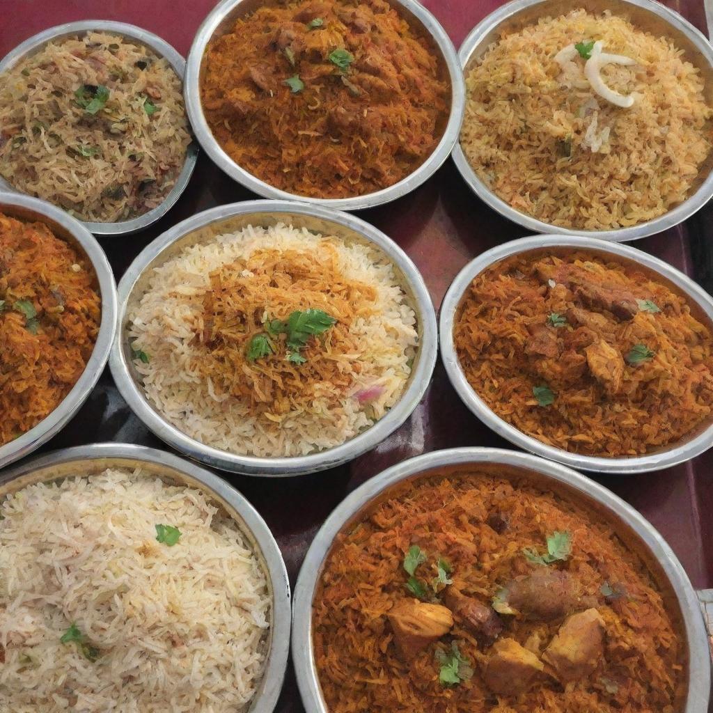 A selection of budget-conscious biryani restaurants in Pakistan, showcasing humble roadside settings, inviting aroma of biryani spices, and bustling with vibrant street life.